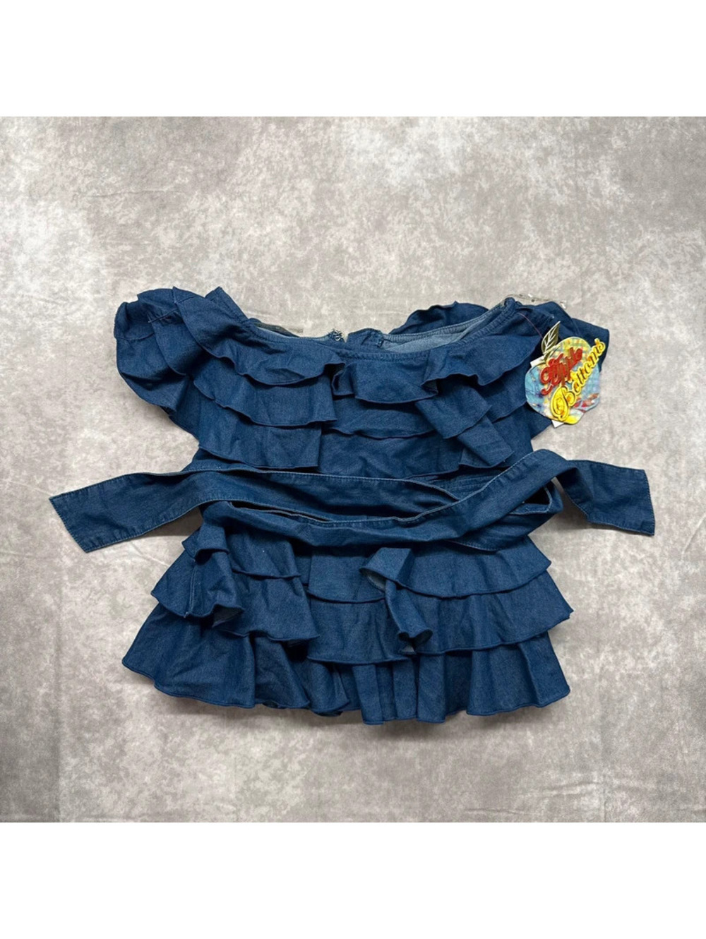 NWT Vintage Apple Bottoms Denim Tiered Ruffle Strapless Belted Top Y2K Small